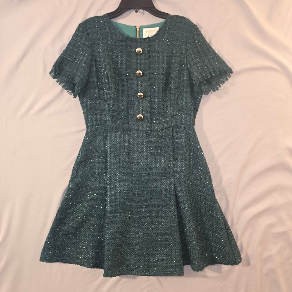Sail to Sable Style Charade Dress S Womens Emerald Green Tweed Gold Button Mini